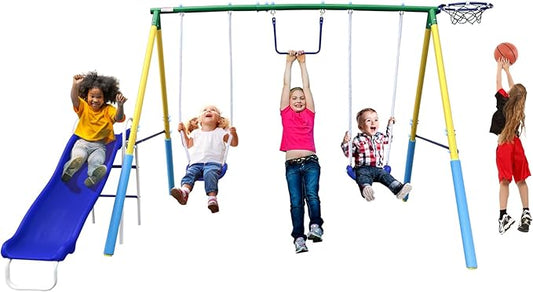 5-in-1 Swing Sets for Backyard for Kids 3-8, Tree Swings for Kids Outdoor with Slide, Basketball Hoop, Two Swing Seats and Gymnastics Rings