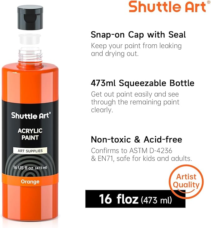 Shuttle Art Acrylic Paint, 15 Colors Acrylic Paint Large Bottle Set, 473ml/16oz Each, Rich Pigments, High Viscosity, Bulk for Artists, Beginners and Kids on Rocks Crafts Canvas Wood