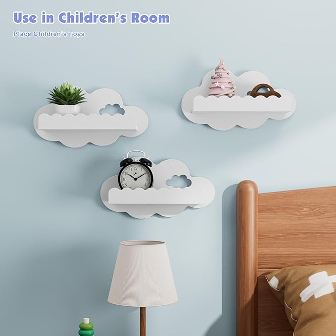 NACHES 3-Piece Floating Bookshelf - Scalloped White Cloud Wooden Wall Shelves, Kids Room/Nursery Decor for Books & Picture, Easy to Mount Display Shelves
