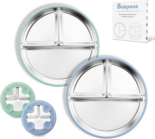 8” Stainless Steel Toddler Plate with Suction, Divided Plates with Removable Silicone Sleeves for Kids, Non Toxic & BPA Free | Non Slip | Unbreakable Baby Snack Dishes Set of 2, Blue & Sage