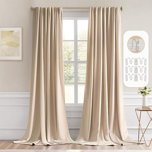 MIULEE Back Tab Beige Curtains 102 Inch Long 2 Panels Set for Living Room Bedroom, Cream Rod Pocket/Pinch Pleated Light Blocking Thermal Insulated Room Darkening Floor to Ceiling Blackout Drapes