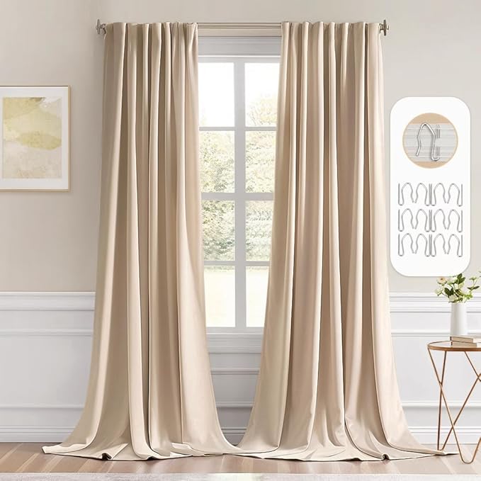 MIULEE Back Tab Beige Curtains 108 Inch Long 2 Panels Set for Living Room Bedroom Privacy, Cream Rod Pocket/Pinch Pleated Light Blocking Extra Long Thermal Insulated Room Darkening Blackout Drapes