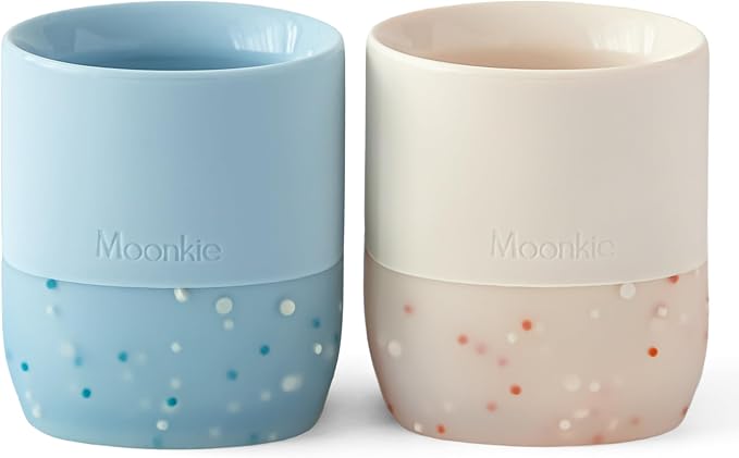 Moonkie Silicone Baby Cups 4 Months+ | Open Training Drinkware for Infants with Confetti Sprinkles | Baby-Led Weaning Essential | 2 oz (Ether/Ivory, 2 Pack)