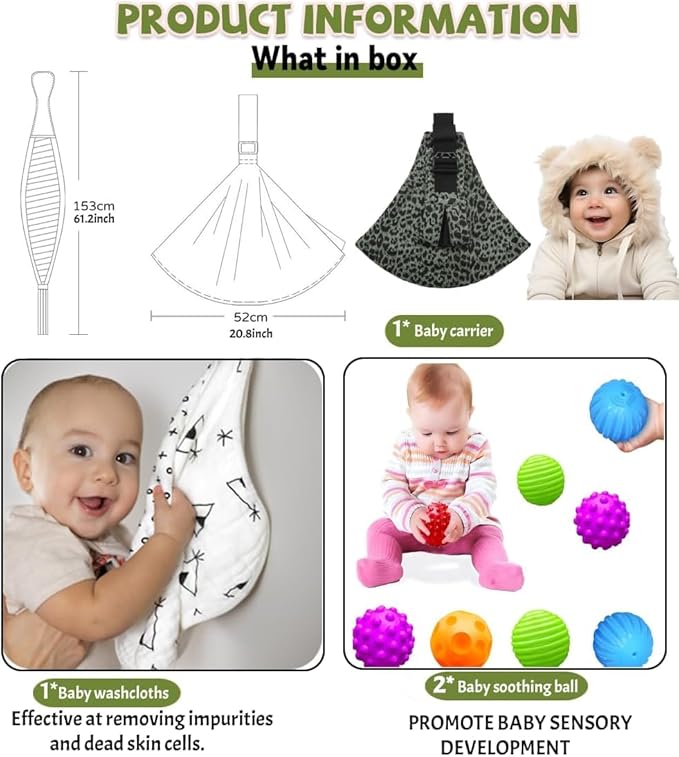 Baby Sling Carrier Adjustable Baby Sling 2025 Upgraded Toddler Sling Comfortable Baby Wrap Carriers Ergonomic-Designed, Travel Friendly Carrying 10-45 Lbs(Green Leopard)