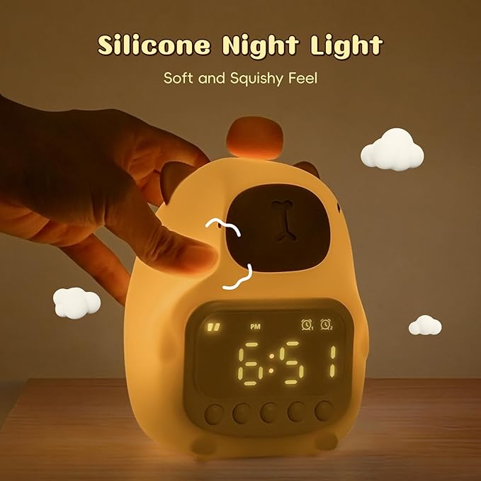 Capybara Alarm Clock with Night Light for Kids, Cute Alarm Clocks for Bedrooms Ok to Wake Clocks, Silicone Animal Tabletop Lamp for Teen Girls Boys