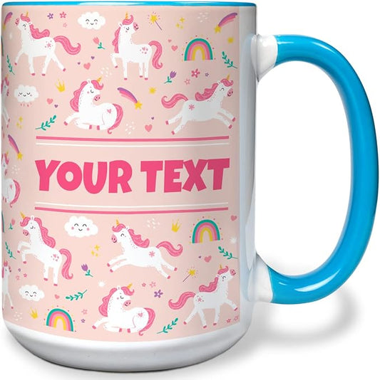 Personalized Mug for Kids - Pink Unicorn - Custom Name/Text, Ceramic Hot Chocolate/Cocoa/Coffee Cup for Girls, Birthday/Christmas/Holiday Gift - 15 oz, Light Blue Handle