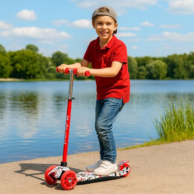 Maxi Scooter for Kids Ages 6-12 Lean-to-Steer 3 Wheel Scooter for Kids Ages 6-12 PU Light-Up Wheels Kids Scooter Adjustable Height Light Weight Aluminum Scooters T-Bar Colorful Design Printed