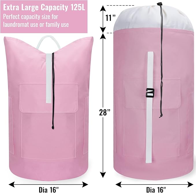 Laundry Bag Backpack, 125L Extra Large Travel with Shoulder Straps, Adjustable & Extendable Design, Laundry Hamper Bag with 3 Pockets for Laundromat, College, Travel, Camping (Pink)
