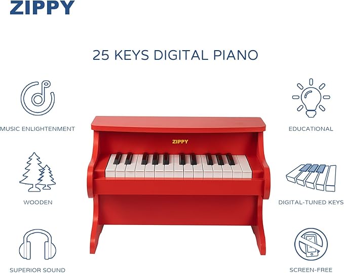ZIPPY Kids Piano Keyboard, 25 Keys Digital Piano for Kids, Mini Music Educational Instrument Toy, Wood Toy for Toddlers Girls Boys (Red)