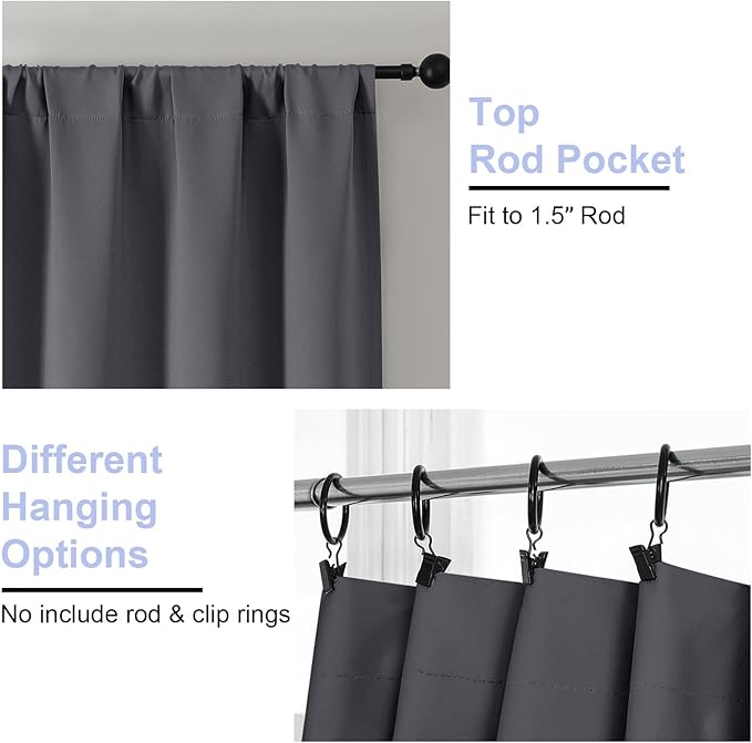 Simplebrand Ava Grey Blackout Curtains for Patio 108 Inches Long 2 Panels Set, Solid Thermal Insulated Room Darkening Rod Pocket Window Treatment Curtains Blackout Drapes, W50 x L108 Inch, Grey
