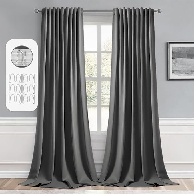 MIULEE Back Tab Grey Blackout Curtains 96 Inch Long 2 Panels Set for Living Room Bedroom, Rod Pocket/Pinch Pleated Long Thermal Insulated Room Darkening Light Blocking Floor to Ceiling Curtains/Drapes