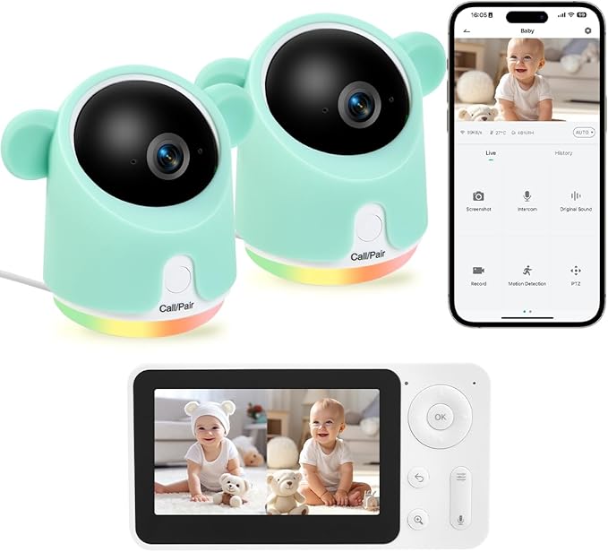 Baby Monitor with Camera and Audio, Split-Screen 1080P 2 Baby Cameras Lullabies WiFi Smartphone App Control Night Vision 4.3” Screen 2-Way Talk Temp&Humidity Sensor Motion & Cry Detection iOS/Android