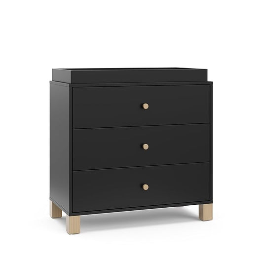 Storkcraft California 3-Drawer Chest with Removable Changing Topper (Black with Driftwood) – GREENGUARD Gold Certified, Interlocking Drawer System, Pre-Installed Tracks, Easy Assembly