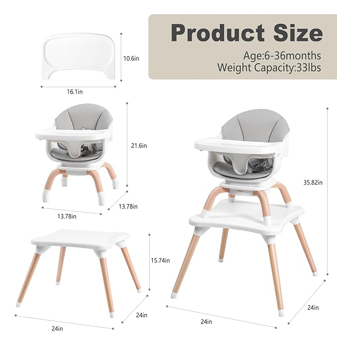Baby High Chair, 7 in 1 Convertible High Chairs for Babies and Toddlers, Kids Learning Table, Building Block Table, Toddler Dining Chair with 360° Rotating Seat, 5-Point Safety Harness (Grey)