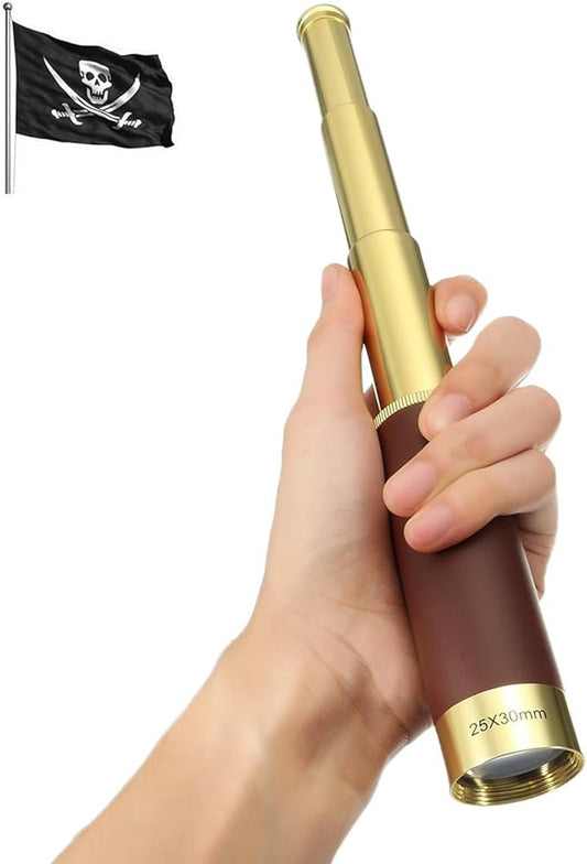 NewDoar 25x30 Zoomable Monocular Vintage Pirate Telescope - Waterproof Aluminum Alloy Brass Adjustable Optics Telescope for Travel Navigation Sailing Voyage View Watching Games(Gold)