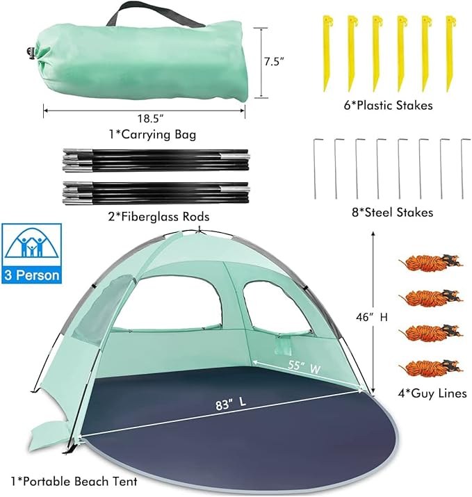 NXONE Beach Tent Sun Shade Shelter for 3/4/6 Person Person with UV Protection, Extended Floor, 3 Mesh Roll Up Windows & 8.0/8.5mm Fiberglass Rods丨Carry Bag Included