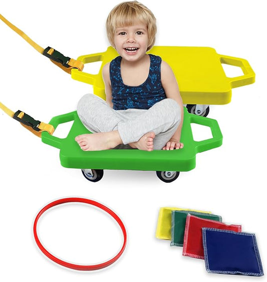 2 Plastic Scooter Boards with Handles for Kids Sitting and Sports Training, with 1 Ring, 2 Ropes and 4 Beanbags, Indoor and Outdoor Play