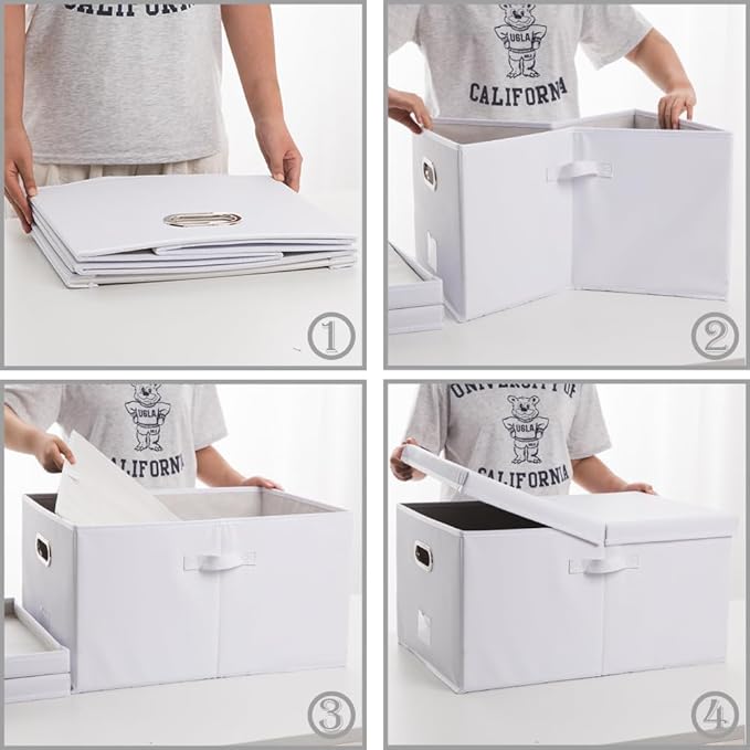 PRANDOM Collapsible Storage Box with Lid [3-Pack] Leather Fabric Foldable Storage Bin Organizer Container Basket Cube with Cover for Home Bedroom Closet Office Nursery White(22.8X15.7X11.8)