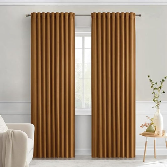 MIULEE Golden Brown Back Tab Blackout Curtains 90 Inches Long 2 Panels Set for Living Room Bedroom Privacy, Rod Pocket/Pinch Pleat Thermal Insulated Room Darkening Pleated Light Blocking Drapes