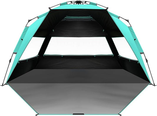 OutdoorMaster Beach Tent with Blackout Shelter Technology, Portable Beach Shade Sun Shelter Canopy for 4-6 Person with UPF 50+ UV Protection, Easy Setup Pop Up Tent Family Size