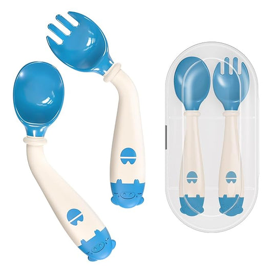 Deejoy Toddler Utensils, Self-feeding Flatware Set withTravel Case, Baby Spoons and Forks with Silicone Bendable Handle, Easy Grip Heat-Resistant, Ideal for Kids, Stage 2 (Blue)