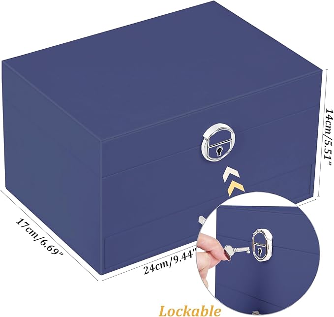 Earring Jewelry Box for Women Girls Stud Organizer, 5 Layers Navy Jewelry Organizer Box With Lock Earring Holder Organizer Ring and Necklace Jewelry Box with Earrings Holder for Women Girls