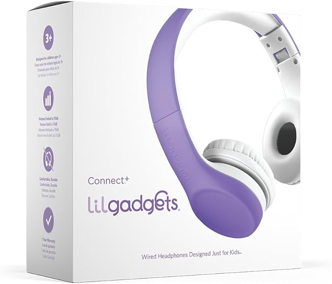 LilGadgets Connect+ Wired Kids Headphones for School with Mic, Volume Limited & Noise Reduction, On-Ear Headset with Cord, SharePort Technology for Multiple Kids & SoftTouch Padding, Purple