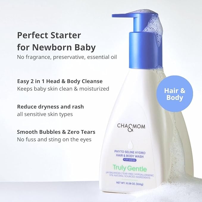 Cha&Mom Head-to-toe Korean Baby Skincare - Hypoallergenic, Plant Based, and Natural Hair & Body Wash, 10.58oz