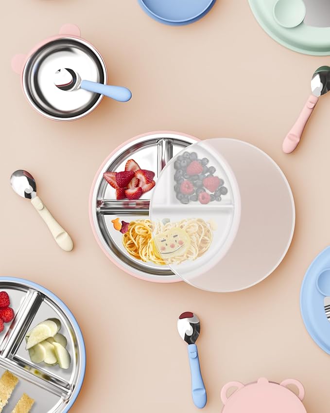 Stainless Steel Toddler Suction Plate with Lid, Deepened 9" Divided Plates with Removable Silicone Sleeves for Kids, Non Toxic Unbreakable Snack Dishes Set of 4, Sage Blue Gray Blush