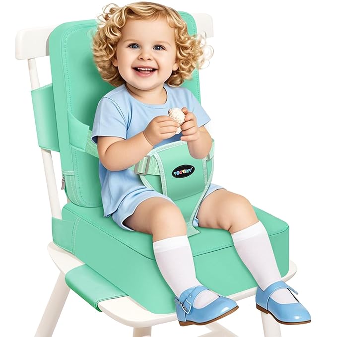 Toddler Booster Seat for Kitchen Chair, 2-in-1 Dining Table Booster Seat with Backrest & Adjustable Straps – Easy-Clean, PU Portable Toddler Eating Travel Increasing Cushion-Green