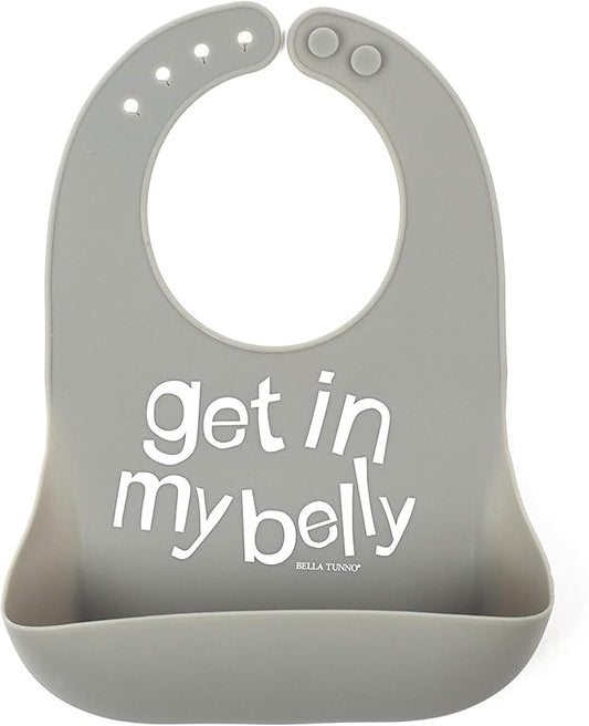 Baby Bib for Eating by Bella Tunno, Waterproof Silicone Bib with Large Food Catcher, Adjustable Fit for Babies 4-12 months & Toddlers 1-3 Years, Boys & Girls, Get In My Belly