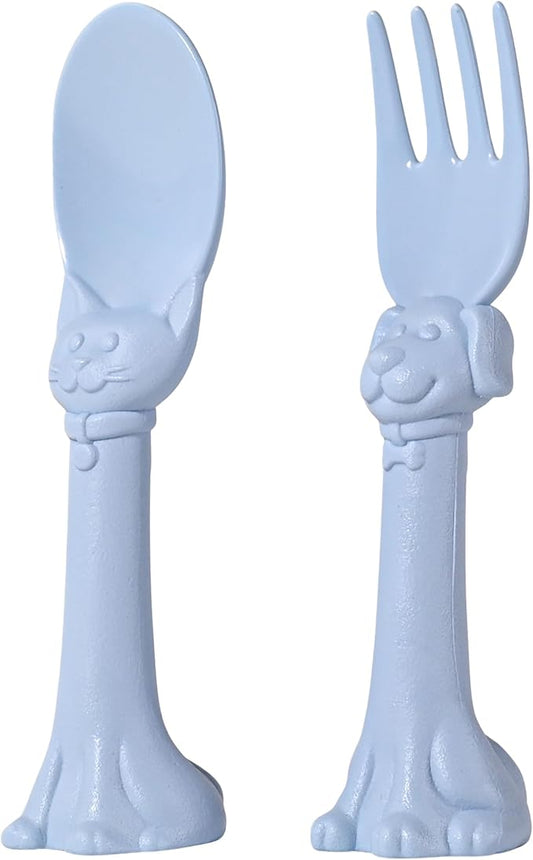 Made in USA Spoon la la Toddler Utensils Set - 2 Pack (1 Spoon & 1 Fork for Kids) - Self-Standing 3D Ergonomic Cat & Dog Handles - BPA-free, Dishwasher Safe, Baby Silverware (Blue)
