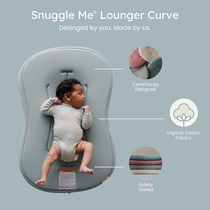 Snuggle Me® Baby Lounger Curve (0-6 Months) - Premium Organic Cotton with Foam Core, Machine-Washable Cover, Buttery-Soft & Breathable Infant Lounger with Travel Bag (30 in x 20 in x 1.9 in) - Slate