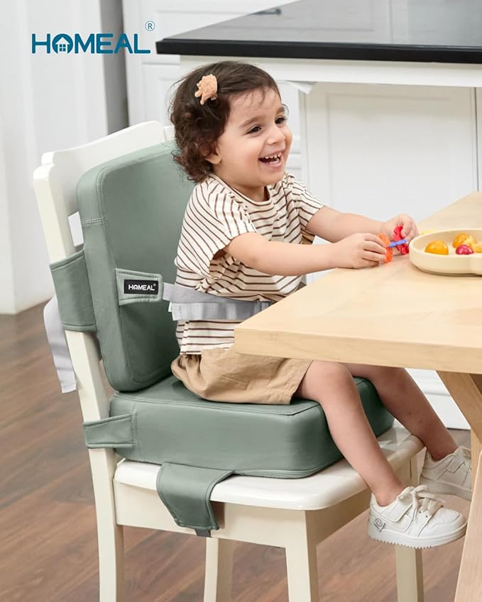 HOMEAL Toddler Booster Seat for Dining Table - Booster Seat for Kitchen Chair with Easy-Install Straps - Wipeable Surface & Removable Cover Easy to Clean -Breathable Fabric - Sage