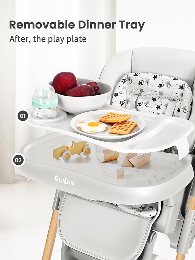 Foldable High Chair with Soft Cushion, High Chairs for Babies and Toddlers, Height Adjustable Feeding Chair, Adjustable Backrest and Footrest, Lockable Wheels, Woodgrain Star Gray