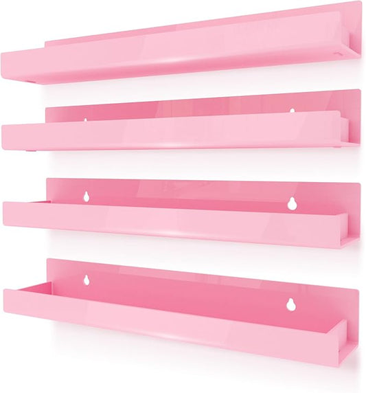 4 Pack 15 Inch Pink Acrylic Shelves, Kids Floating Bookshelf for Kids Room, Modern Nail Polish Rack Sunglasses Essential Oil Picture Ledge Display Toy Storage Wall Shelf