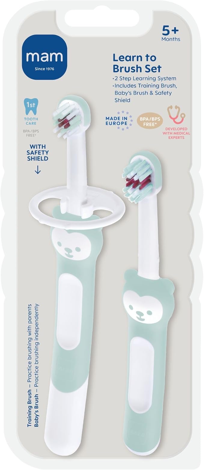 MAM Learn to Brush Set (1 Baby's Brush Toothbrush, 1 Training Brush, 1 Safety Shield), Baby Toothbrushes with Brushy The Bear, Interactive App, for Boys 5+ Months, Blue