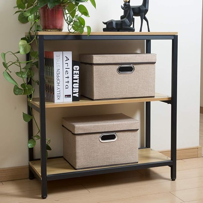 PRANDOM Collapsible Storage Containers with Lids [5-Pack] Jute Fabric Foldable Storage Bins Boxes Organizer Baskets Cube with Cover for Home Bedroom Closet Office Nursery (14.9x9.8x9.8)