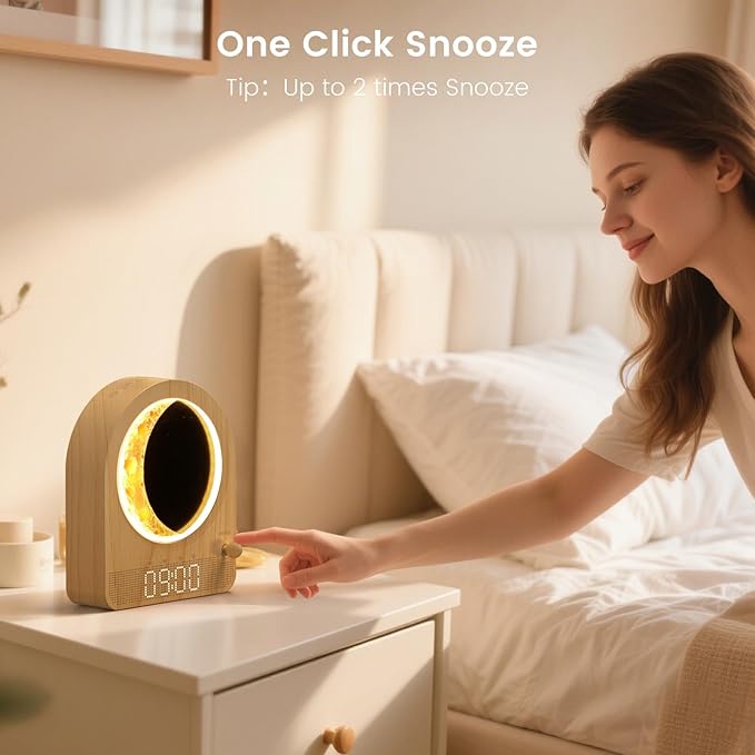 Sunrise Alarm Clock, White Noise Machine & Meteor Moonlight - 10 Soothing Sounds, Dual Alarms, 30/60/90min Timer, Easy Snooze - Bedroom Gift for Insomnia Adults/Women - Wood