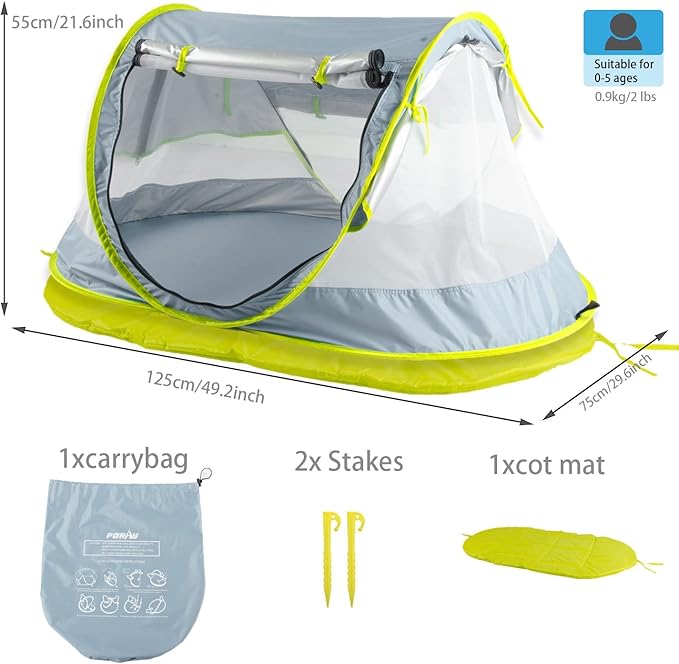 Poray Portable Baby Beach Tent with UPF 50+ Sun Shelter,Mosquito Net and Sunshade, Ideal Pop Up Kids Travel Tent with Carry Bag & 2 Stakes,Outdoor Indoor Play and Sun Protection