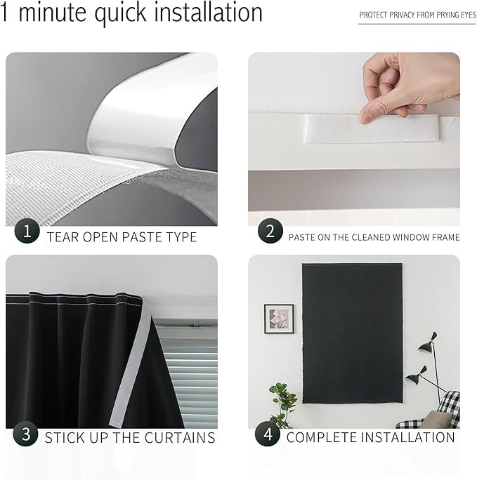 Adhesive Blackout Curtains- Self Stick Shades Window Blinds Curtains No Rod Needed Easy to Hang Curtains, Use for Bedroom, Living Room, Dining Room, Kitchen, Home Office, 35"W X 71"L, Black, 1 Panel