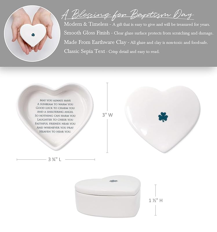 Baptism Gift, First Communion Gift, or Confirmation Gift, Handmade Heart Ceramic Keepsake Box with Irish Blessing and Shamrock in Green