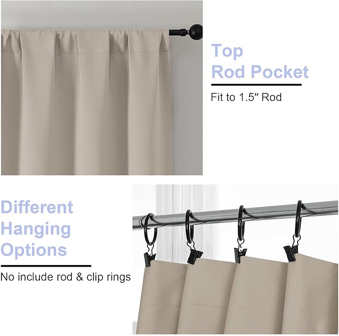 Simplebrand Ava Blackout Curtains for Patio 108 Inches Long 2 Panels Set, Solid Thermal Insulated Room Darkening Rod Pocket Window Treatment Curtains Blackout Drapes, W50 x L108 Inch, Stone
