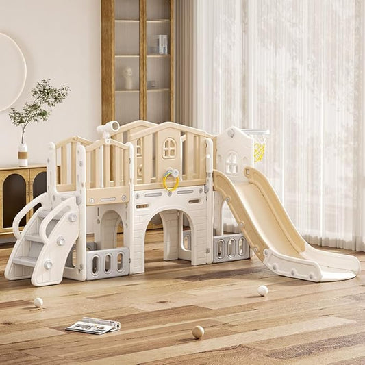 KORIMEFA 8 in 1 Toddler Slide Set, Kids Slide for Toddlers Age 1-3, Toddler Climber PlaySet with Basketball Hoop and Ball, Outdoor Indoor Kids Playground for Toddlers 1-3, Beige
