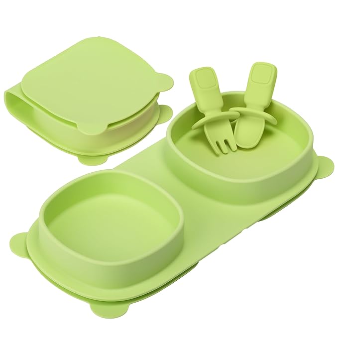 Silicone Foldable Novelty Dinner Plates,Suction Plates for Baby Travel Essential with Forks and Spoons,Microwave & Dishwasher Safe,Green