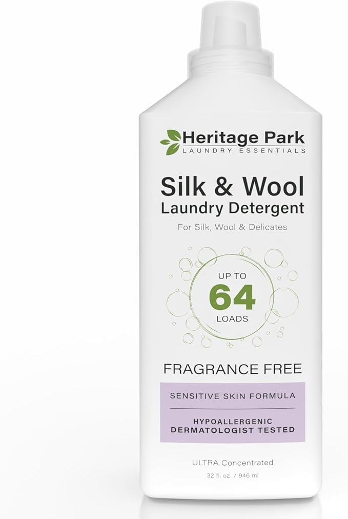 Heritage Park Silk & Wool Fragrance Free, Hypoallergenic, pH-Neutral Laundry Detergent – Dermatologist-tested, Sensitive Skin-Friendly, Enzyme-Free, Concentrated Up to 64 loads (32 fl oz)