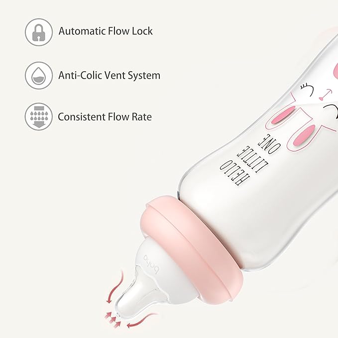 YOHKOH Natural Glass Baby Bottle with Natural Response Nipple, Newborn Anti-Colic Baby Bottles, Wide Neck Mushroom Cap Baby Bottle, Clear ((8.8oz (Pack of 4), Purple-A)