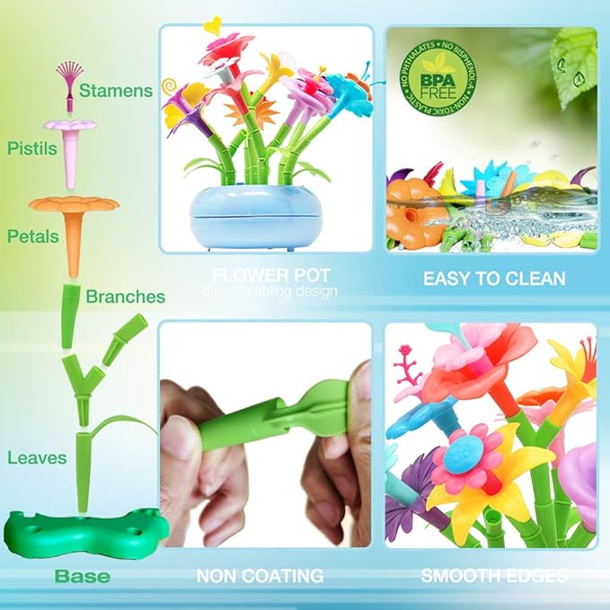 BIRANCO. Flower Garden Building Set - Grow up! Fun Stacking Toys for Toddlers and Kids Age 3-6 Year Olds, Educational Activity for Preschool, Cool STEM Gardening Gifts for Girls (138 PCS)