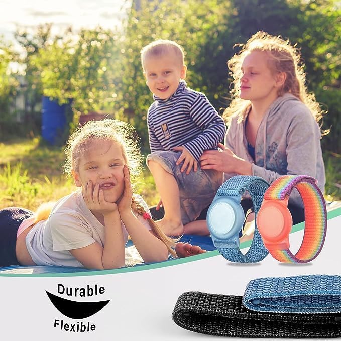 Kids Wristband Compatible with Apple AirTag, Protective Case for Air Tag GPS Tracker Holder with Nylon Bracelet, Adjustable Anti Lost Watch Band for Toddler Child Elder(RainbowB&Blue)