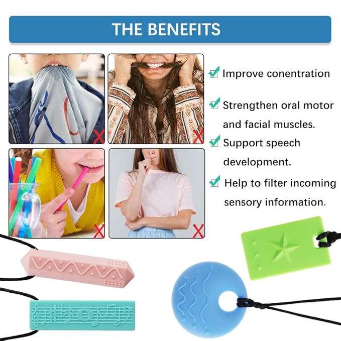 Sensory Chew Necklaces for Kids - 4 Pack Silicone Chewy Necklaces for ADHD, Autism, Biting and Oral Motor Needs Color 1